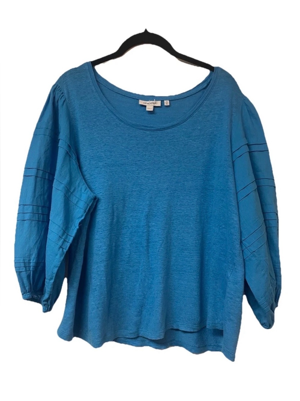 Chico’s Linen Detailed puff sleeved blouse Pool Side Blue Size 3 (XL-16) boho - Picture 2 of 7